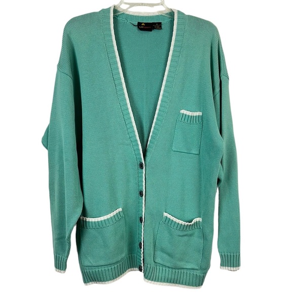 Vintage 80’s LizSport Cotton Collegiate Mint Cadigan Sweater Size M - Picture 1 of 3